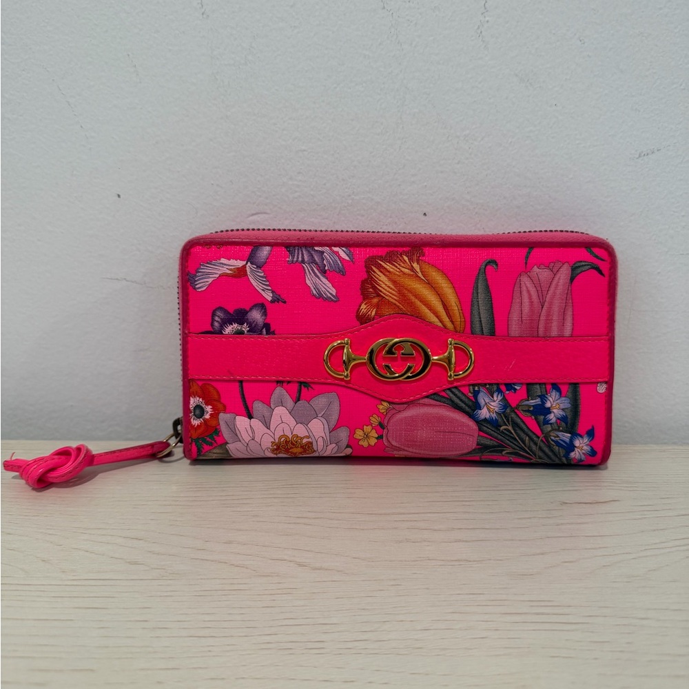 Gucci Horsebit Bright Pink Floral Wallet